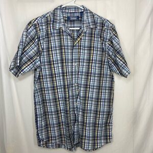 EUC Premier International youth boy’s blue plaid button down short sleeve‎ shirt